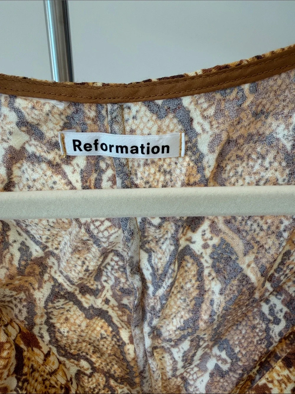 Reformation Brown Tan Snake-Print V-Neck Puff Sleeve Blouse